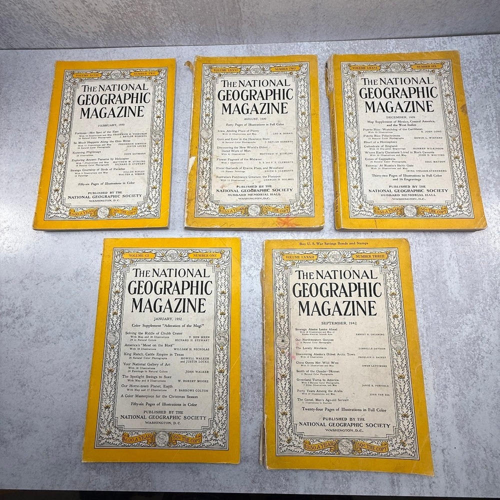 Vintage 1939, 1942, 1950, 1952 National Geographic Magazine Bundle of 5‎
